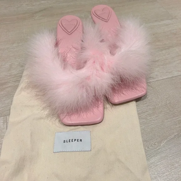 Sleeper Manon Pink Leather Feather Mules Square Toe - Picture 1 of 6